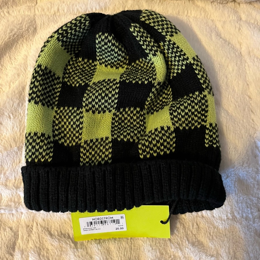 BP Nordstrom Wildfang Plaid Houndstooth Green Sorbet Black Beanie Hat, NWT